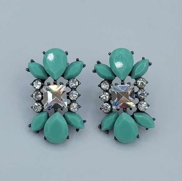 Mint Cabachon & Clear Crystal Earrings Hematite Tone Setting #1226 - Picture 3 of 11